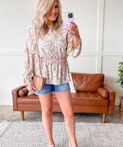 No Ship Drop Ship Counting Flowers Floral Smocked Blouse In Peach Apparel