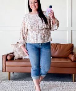 No Ship Drop Ship Counting Flowers Floral Smocked Blouse In Peach Apparel