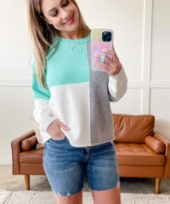 No Ship Drop Ship See You Later Colorblock Sweater In Mint & Gray Apparel 16 No Ship Drop Ship See You Later Colorblock Sweater In Mint & Gray Apparel