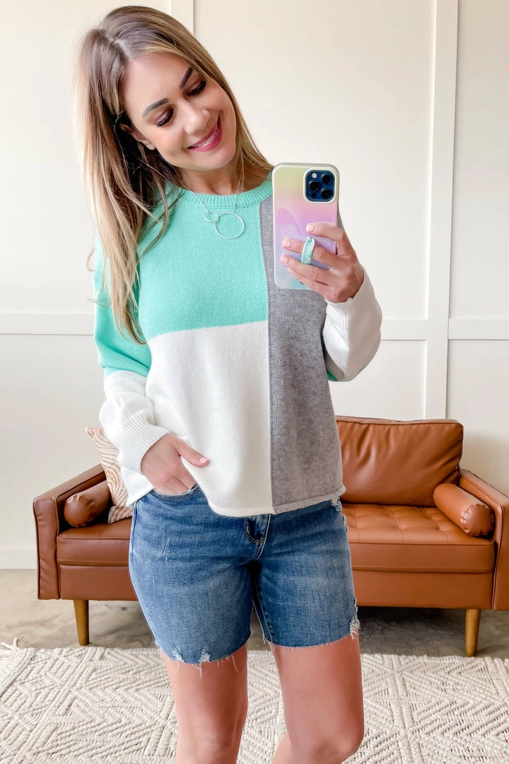 No Ship Drop Ship See You Later Colorblock Sweater In Mint & Gray Apparel 8 No Ship Drop Ship See You Later Colorblock Sweater In Mint & Gray Apparel
