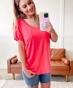 No Ship Drop Ship Drawn To You V Neck Short Sleeve Top In Watermelon (GHG) Tops