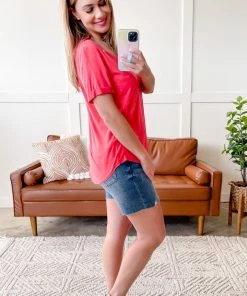 No Ship Drop Ship Apparel Drawn To You V Neck Short Sleeve Top In Watermelon