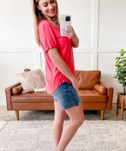 No Ship Drop Ship Drawn To You V Neck Short Sleeve Top In Watermelon (GHG) Tops