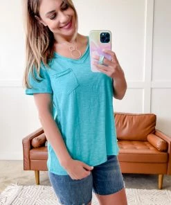 No Ship Drop Ship Raw Around The Edges Top In Aqua Apparel