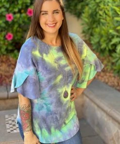 Boutique Simplified Drift Away Tie Dye Bell Sleeve Top