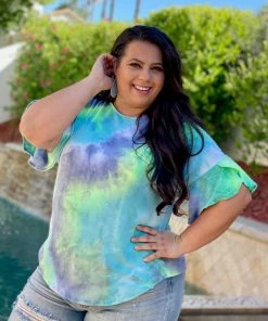 Boutique Simplified Drift Away Tie Dye Bell Sleeve Top