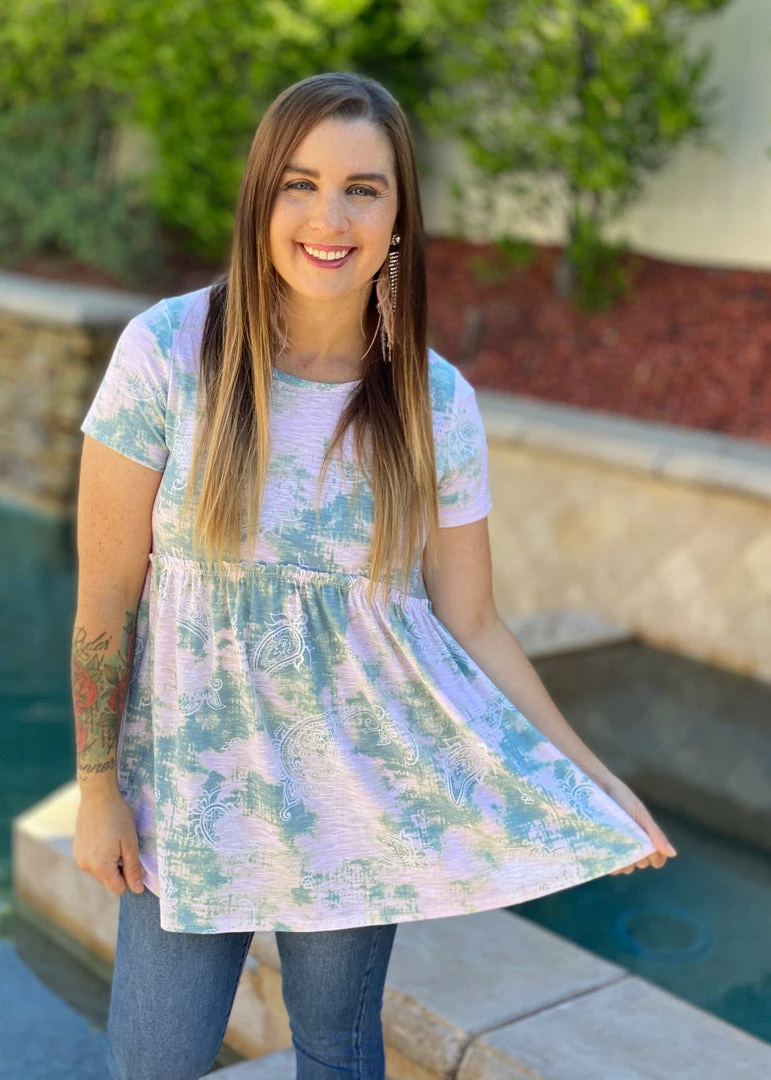 Boutique Simplified Hint Of Paisley Tie Dye Babydoll Top 1 Boutique Simplified Hint Of Paisley Tie Dye Babydoll Top