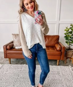 No Ship Drop Ship Spin A Tale Hooded Knit Sweater In Mocha & Ivory (GHG-S)