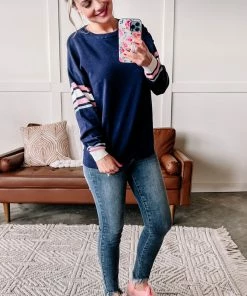 No Ship Drop Ship Reelin In The Years Varsity Sweater In Navy