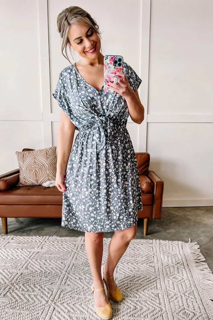 No Ship Drop Ship No Hesitation Tie Front Floral Dress In Vintage Blue (GHG-S) 9 No Ship Drop Ship No Hesitation Tie Front Floral Dress In Vintage Blue (GHG-S)