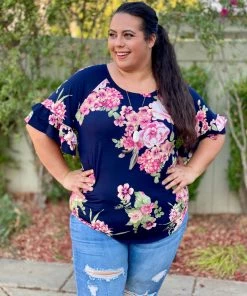 Boutique Simplified Navy Blooms Ruffle Sleeve Top