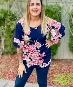 Boutique Simplified Navy Blooms Ruffle Sleeve Top