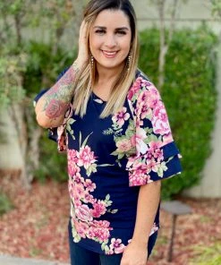 Boutique Simplified Navy Blooms Ruffle Sleeve Top