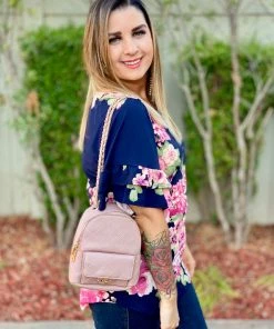 Boutique Simplified Navy Blooms Ruffle Sleeve Top