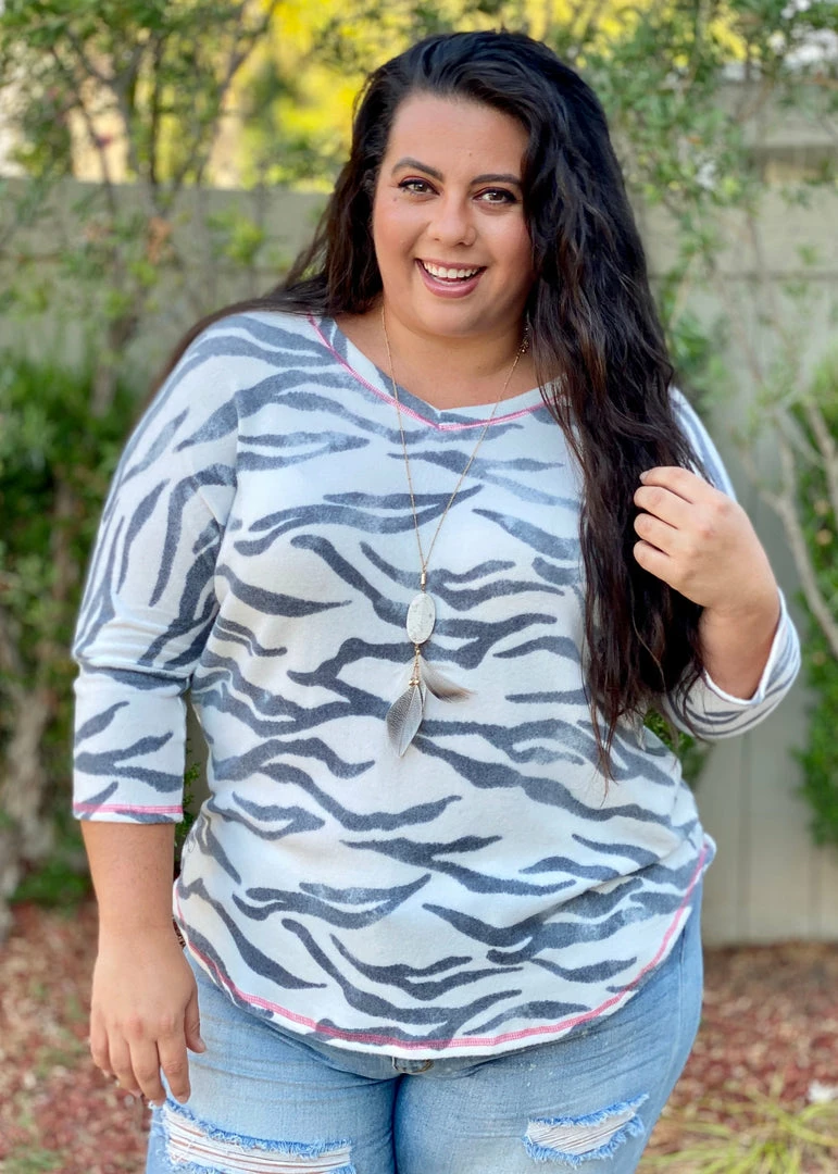 Boutique Simplified Zebra Diva 3/4 Sleeve Top 2 Boutique Simplified Zebra Diva 3/4 Sleeve Top