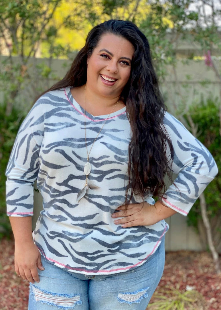Boutique Simplified Zebra Diva 3/4 Sleeve Top 3 Boutique Simplified Zebra Diva 3/4 Sleeve Top