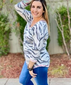 Boutique Simplified Zebra Diva 3/4 Sleeve Top 17 Boutique Simplified Zebra Diva 3/4 Sleeve Top