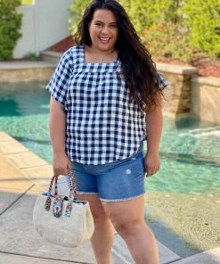 Boutique Simplified Day At The Park Woven Plaid Top