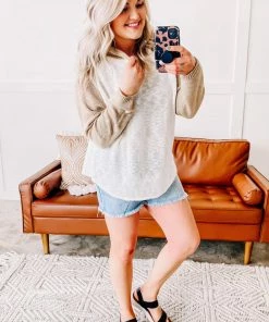 No Ship Drop Ship Spin A Tale Hooded Knit Sweater In Mocha & Ivory (GHG-S)