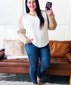 No Ship Drop Ship Spin A Tale Hooded Knit Sweater In Mocha & Ivory (GHG-S)