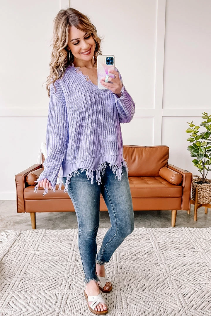 No Ship Drop Ship Apparel Cheap Frills Frayed V Neck Sweater In Lavender 2 No Ship Drop Ship Apparel Cheap Frills Frayed V Neck Sweater In Lavender