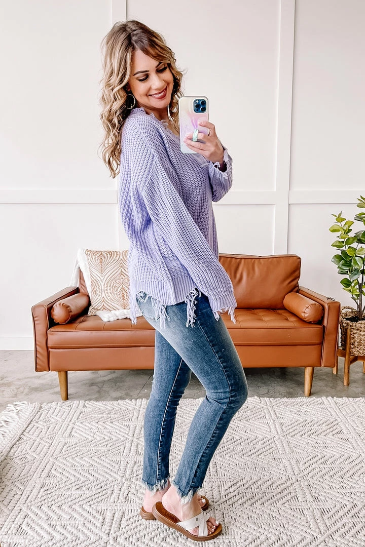 No Ship Drop Ship Apparel Cheap Frills Frayed V Neck Sweater In Lavender 5 No Ship Drop Ship Apparel Cheap Frills Frayed V Neck Sweater In Lavender