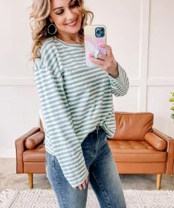 No Ship Drop Ship Apparel Go Big Striped Top In Sea Salt