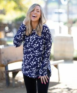 Boutique Simplified Navy And Daisy Long Sleeve Top