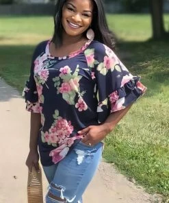 Boutique Simplified Navy Blooms Ruffle Sleeve Top