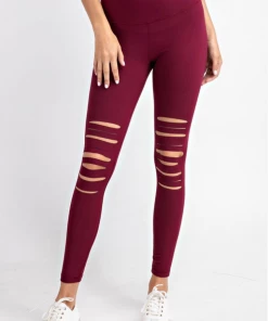 Boutique Simplified Laser Cut Leggings In Burgundy