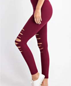 Boutique Simplified Laser Cut Leggings In Burgundy