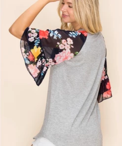 Boutique Simplified Flowy Floral Bell Sleeve Top