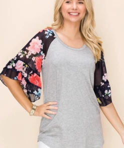 Boutique Simplified Flowy Floral Bell Sleeve Top
