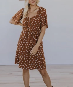 Roolee Apparel Carolina Square Neck Flutter Sleeve Dress In Brown Floral