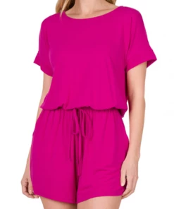 Zenana Silvy Short Sleeve Romper In Magenta
