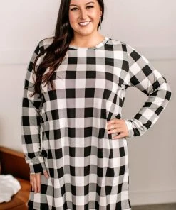 No Ship Drop Ship Across The Board Dress In Black + Ivory Checks Apparel