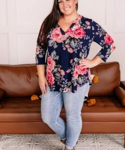 No Ship Drop Ship Apparel Becomes The Rose Navy Floral Gabby Top