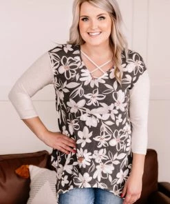 No Ship Drop Ship Whoopsy Daisy Charcoal Floral Top Apparel