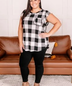 No Ship Drop Ship Apparel Let Me Check Black And White Plaid Ruffle Top