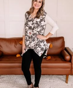 No Ship Drop Ship Whoopsy Daisy Charcoal Floral Top Apparel