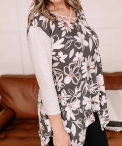 No Ship Drop Ship Whoopsy Daisy Charcoal Floral Top Apparel