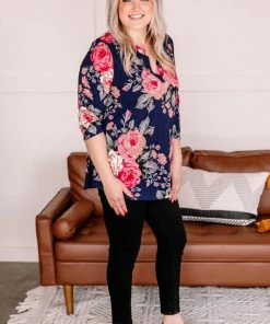 No Ship Drop Ship Apparel Becomes The Rose Navy Floral Gabby Top