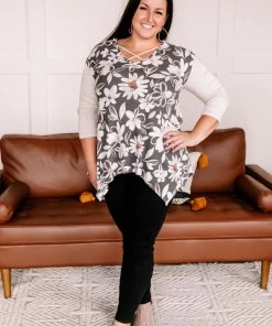 No Ship Drop Ship Whoopsy Daisy Charcoal Floral Top Apparel