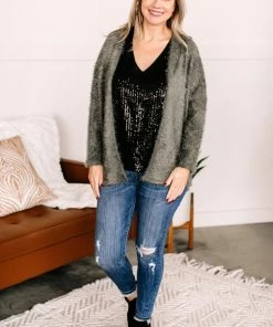 No Ship Drop Ship Stay With Me Feather Cardigan In Olive Apparel
