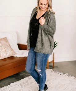 No Ship Drop Ship Stay With Me Feather Cardigan In Olive Apparel