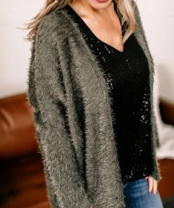 No Ship Drop Ship Stay With Me Feather Cardigan In Olive Apparel