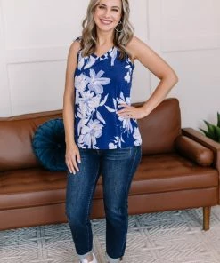 No Ship Drop Ship Apparel Set A Different Tone Blue Floral Tank Top