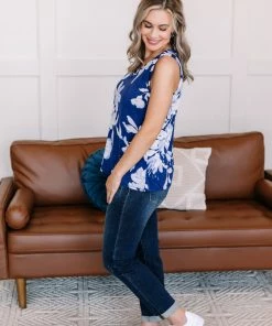 No Ship Drop Ship Apparel Set A Different Tone Blue Floral Tank Top