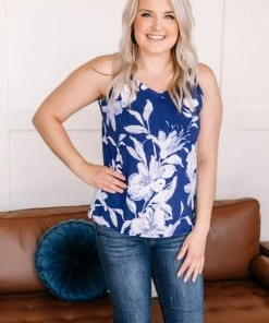 No Ship Drop Ship Apparel Set A Different Tone Blue Floral Tank Top