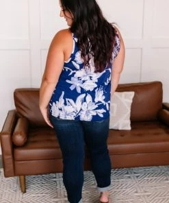 No Ship Drop Ship Apparel Set A Different Tone Blue Floral Tank Top